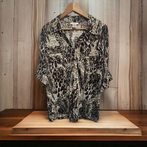 Rebecca Malone Brown Black Cream Animal Print V-Neck Blouse 3/4 Sleeve Size‎ 1X